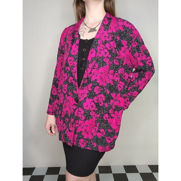 80s Vtg Pink Floral Black White Polka Dot JP Collection Long Sleeve Blazer Sz L - Picture 2 of 9